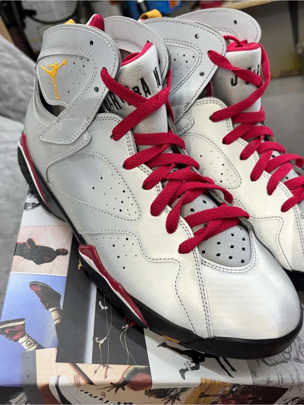 Jordan Men's Silver Sneakers with Red and Gold Accents